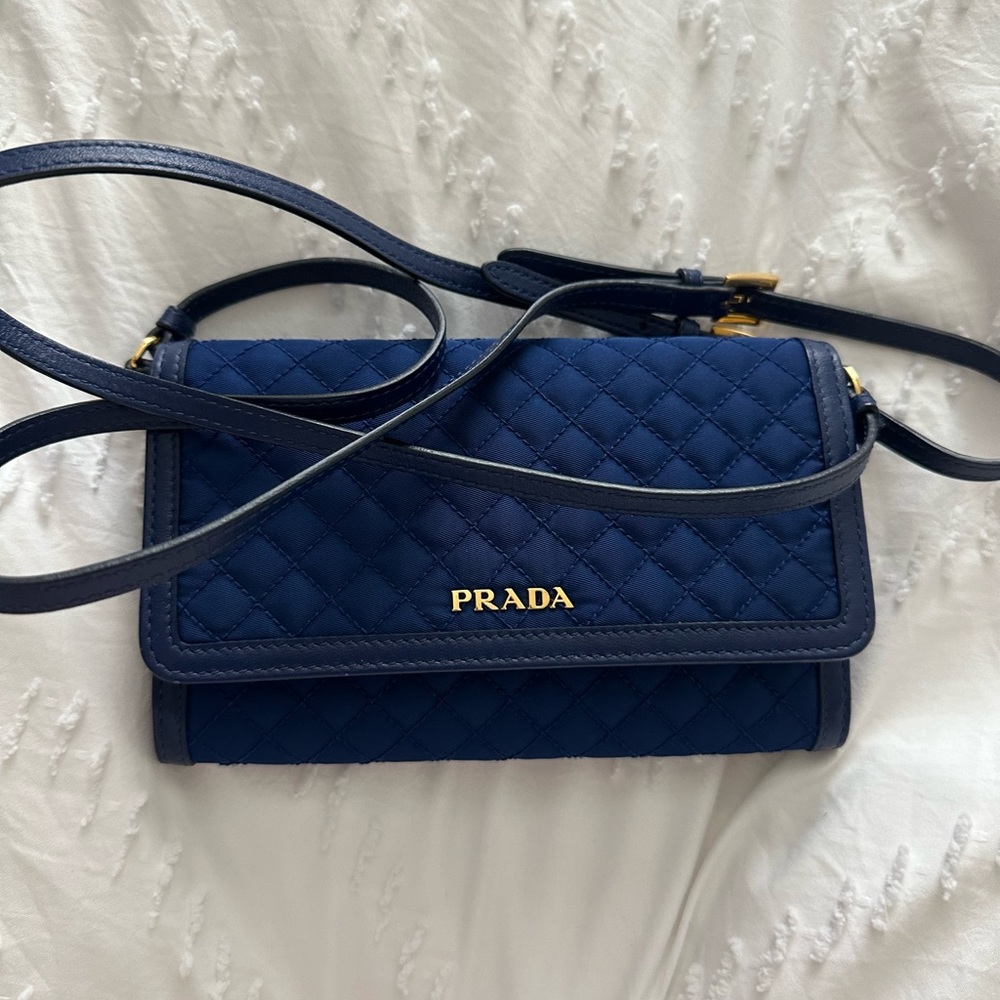 PRADA 1M1437 Quilted Nylon Leather Shoulder Bag Wallet Purse Blue - Picture 7 of 7